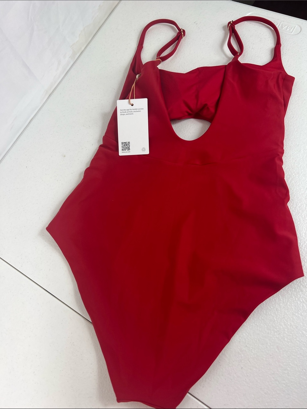 Quince Sz Medium Italian Cut Out One-Piece Swimsuit Cherry Minimalist Summer NWT - Picture 4 of 14